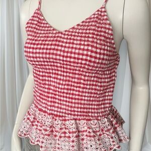 Red&white gingham ruffle peplum blouse with lace trim